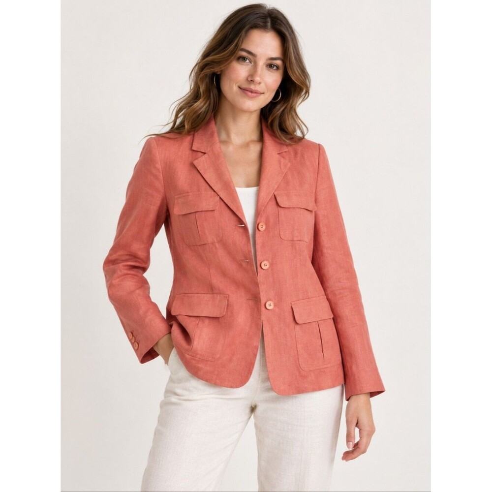 EUC 100% linen Style & Co Collection women's coral button pockets blazer shirt